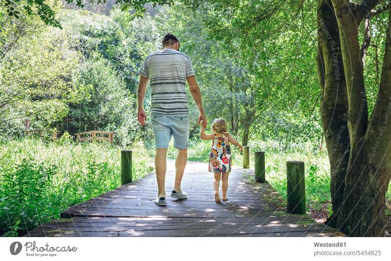 Father walking with his little daughter on a wooden walkway in the countryside rural father pa fathers daddy dads papa going path trail paths daughters parents