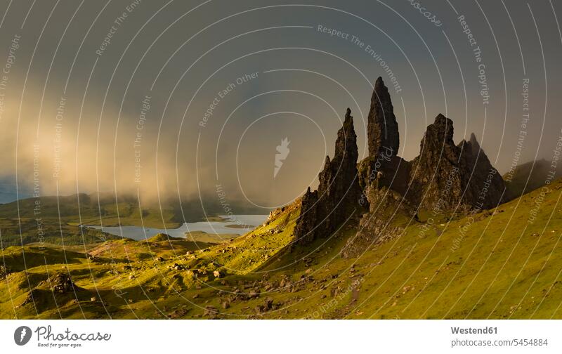 UK, Scotland, Isle of Skye, The Storr at cloudy day evening in the evening cloudiness clouds Solitude seclusion Solitariness solitary remote secluded
