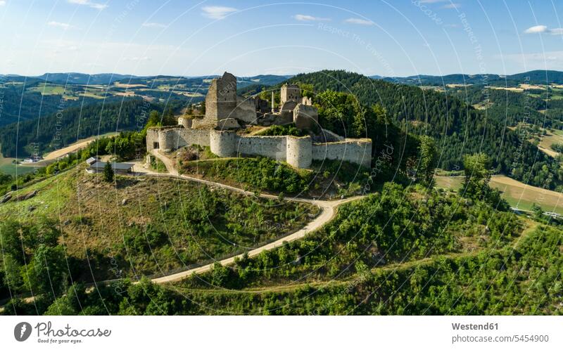Austria, Muehlviertel, view to Ruttenstein Castle Ruin View Vista Look-Out outlook vastness wide Broad Far copy space wideness sky skies Travel landscape