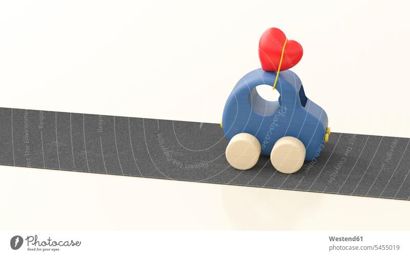 Wooden toy car with heart on roof, 3d rendering honeymoon appointment date appointments dates dating wooden clear sky copy space cloudless journey travelling