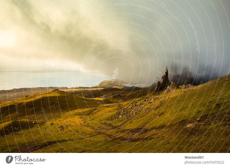 UK, Scotland, Isle of Skye, The Storr at cloudy day clouds landscape landscapes scenery terrain Solitude seclusion Solitariness solitary remote secluded scenics