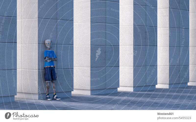 Robot leaning against a column, 3d rendering arms crossed Arms Folded Folded Arms Crossed Arms Crossing Arms Arms Clasped observation observing watching observe