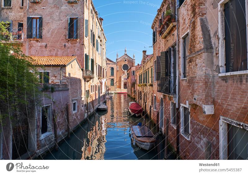 Italy, Venice, Canal in Cannaregio landmark sight place of interest historic historical ancient moored anchor anchored anchoring boat boats canal day