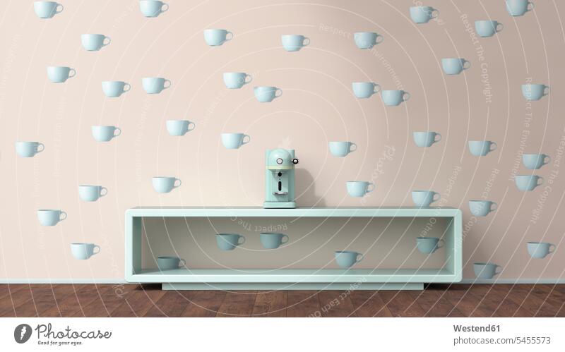 Coffee machine on sideboard in front of wallpaper with cup pattern, 3D Rendering patterned pink Rosy authenticity original individuality Distinct Absence Absent