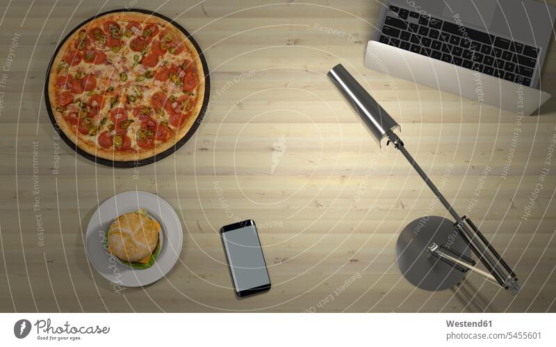 Pizza and hamburger on a desk with lamp and laptop technology technologies Technological Pizzas Refreshment refreshing Wifi Wi-Fi wireless internet WLan