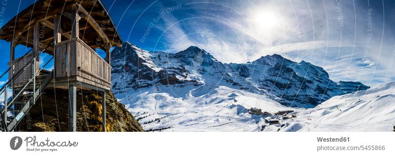 Switzerland, Canton of Bern, Grindelwald, Kleine Scheidegg, summit station and Eiger North Face winter hibernal vastness wide Broad Far copy space wideness