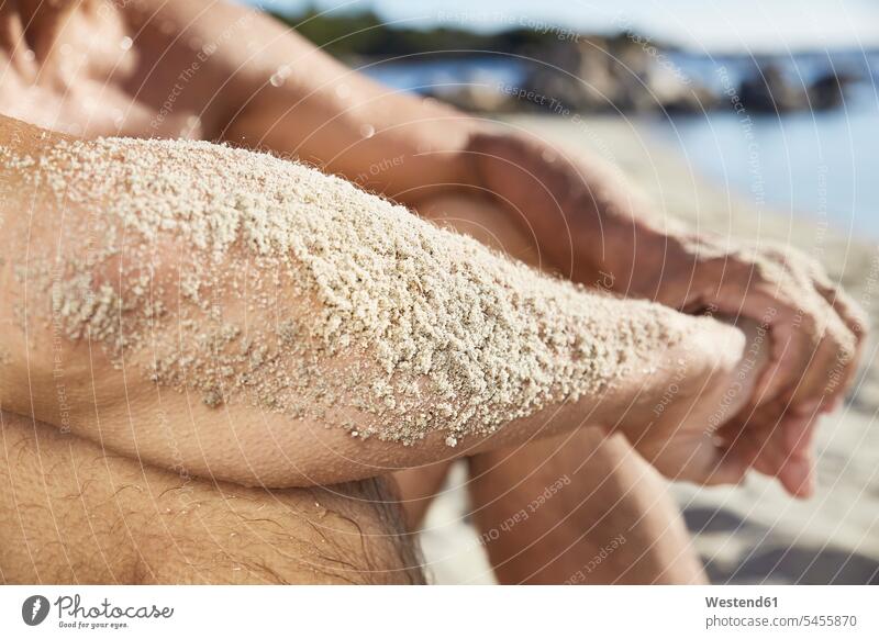 Sandy forearm of man relaxing on the beach, close-up beaches men males Adults grown-ups grownups adult people persons human being humans human beings sitting