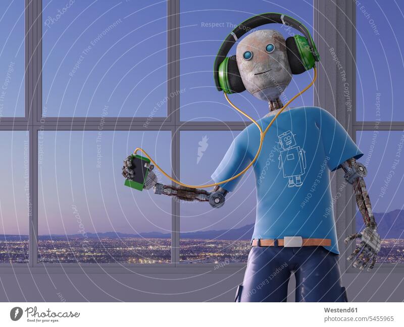 Robot listening to music with headphones, 3d rendering evening mood windowpane window glass window glasses windowpanes Window Pane Moody Sky high spirits