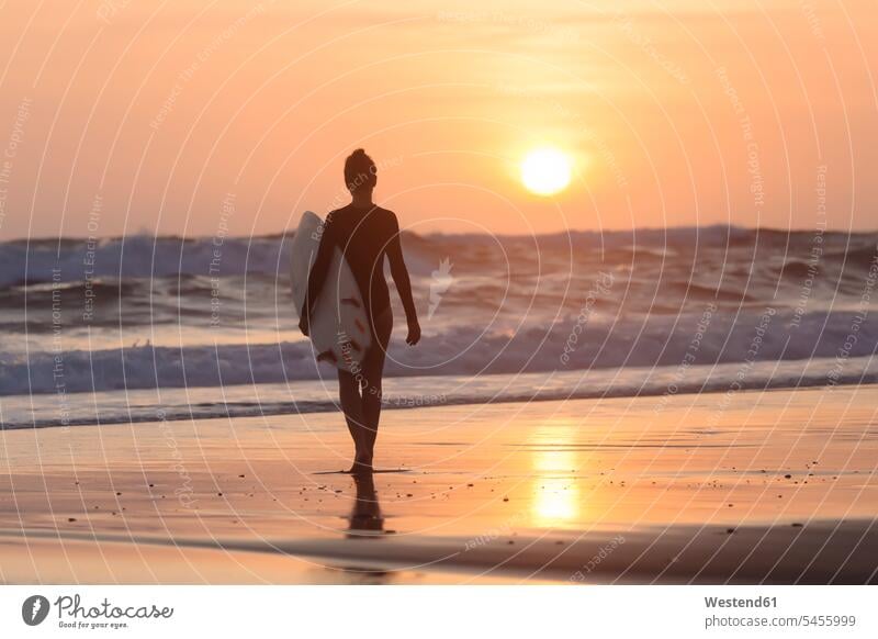Indonesia, Bali, young woman with surfboard at sunset walking going leisure free time leisure time surfboards females women evening in the evening silhouette