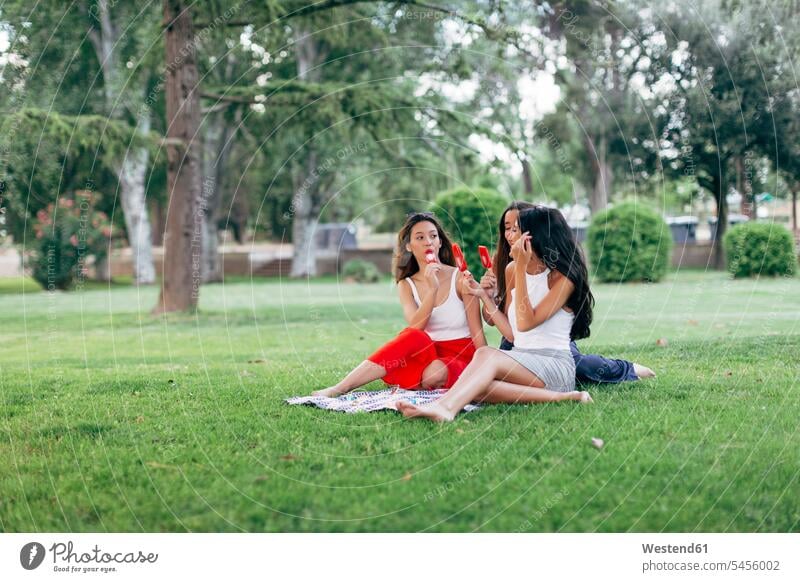 Friends in a park enjoying popsicles parks holding female friends Sweet Food sweet foods food and drink Nutrition Alimentation Food and Drinks mate friendship