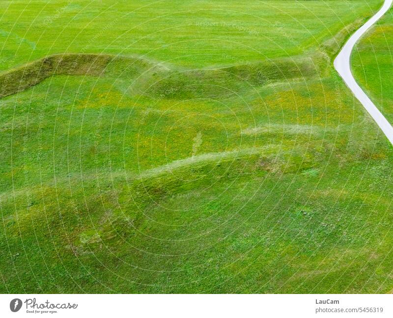 Traces in the landscape Meadow rampart Hill off Street path Bird's-eye view Landscape Lanes & trails Nature Green Environment Exterior shot Map