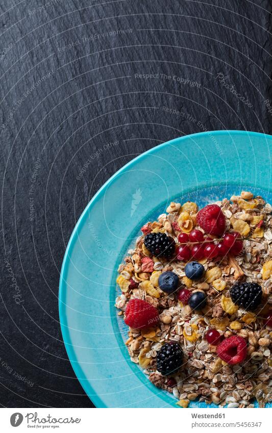 Plate of granola with various wild berries on slate dish dishes Plates copy space healthy eating nutrition cornflakes corn flakes blueberry bilberry blueberries