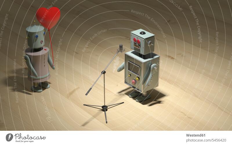 Male robot sining a love song for female robot microphone microphones micros automaton machine robots love songs 3D Rendering 3D-Rendering digitization