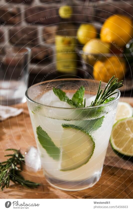 Glass of Gin Tonic with lime, mint, rosmary and ice Drinking Glasses Tonic Water enjoyment indulgence lifestyle life styles wooden aroma flavour aromatic