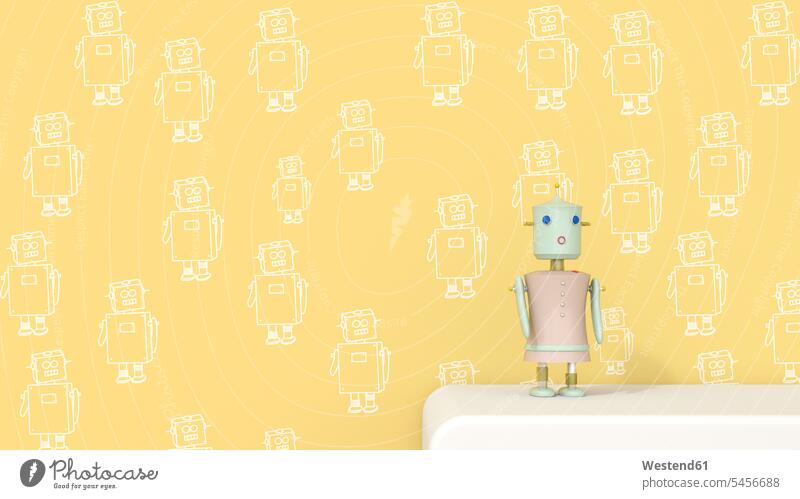 Female robot on sideboard in front of patterned wall paper, 3D rendering technology technologies engineering graphic charts graphics female likeness pink Rosy