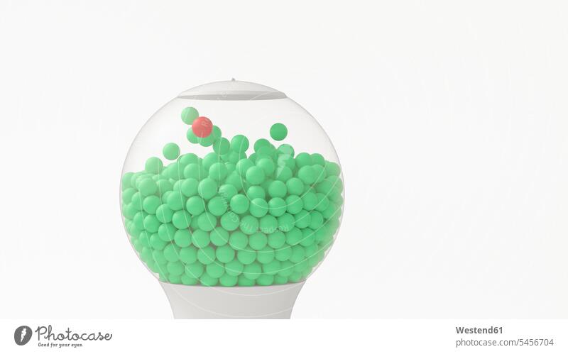 Gumball machine with lots of green spheres and one red sphere, 3d rendering white background various different abundance Plentiful individuality Distinct