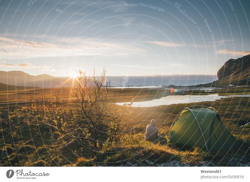 Norway, Lofoten, Moskenesoy, Young man camping at Hovdanvika thinking tent tents sitting Seated evening in the evening sunset sunsets sundown atmosphere