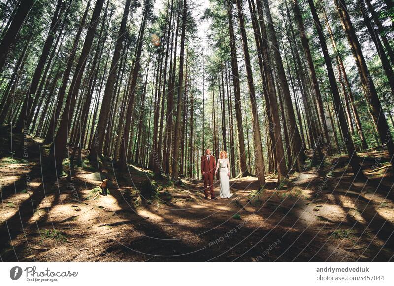 Happy stylish couple newlyweds in the green forest on summer day. bride in long white dress and groom in red suit are hugging. wedding day. happy park nature