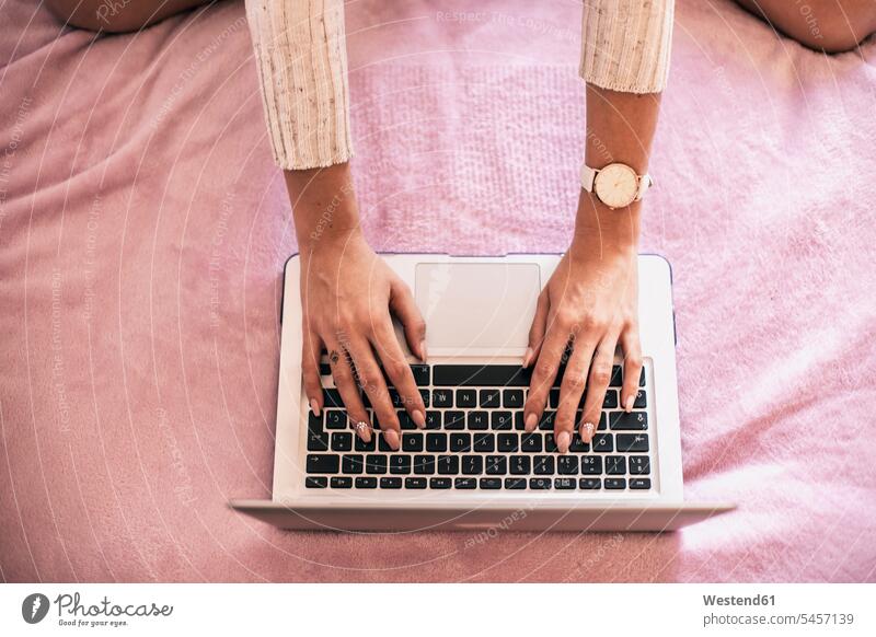 Woman's hand using laptop on bed, top view Laptop Computers laptops notebook beds woman females women use human hand hands human hands computer computers Adults