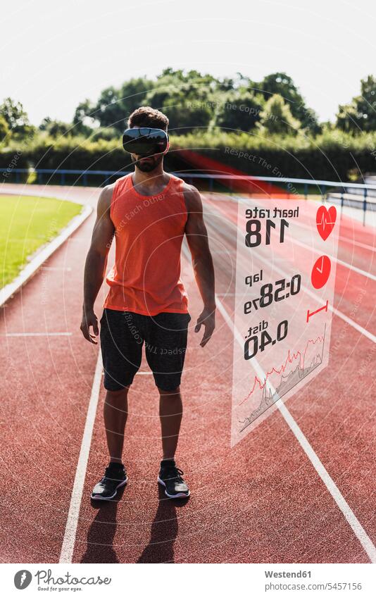 Athlete on tartan track wearing VR glasses surrounded by data 3D Glasses 3-D Glasses virtual athlete athletes track and field athlete track and field athletes