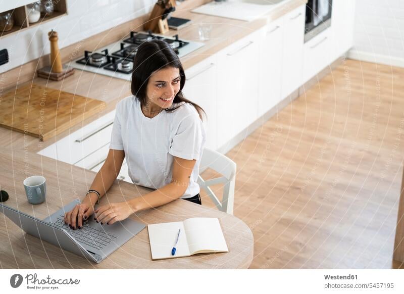 Smiling young woman using laptop at home human human being human beings humans person persons celibate celibates singles solitary people solitary person