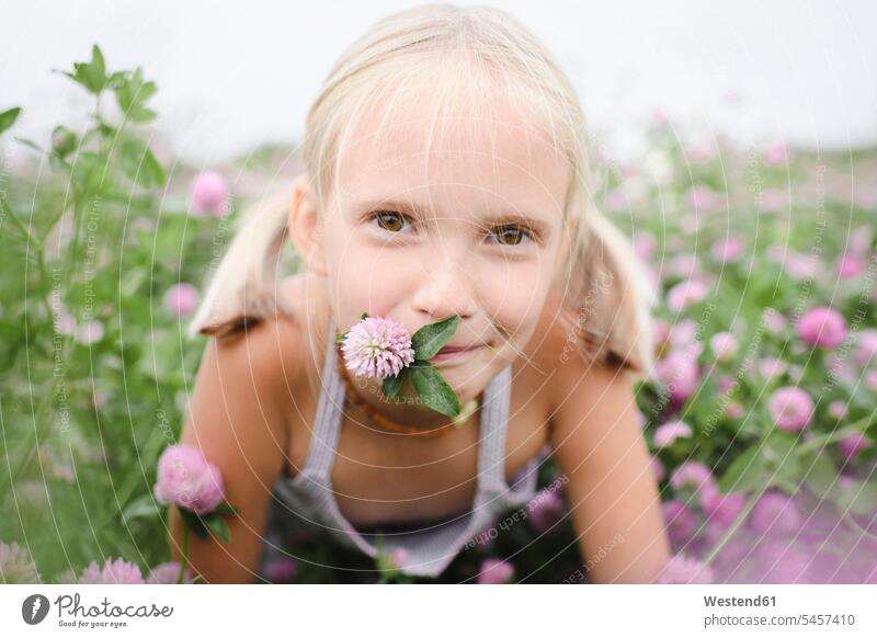 Portrait of smiling girl with clover flower in her mouth smile summer time summertime summery delight enjoyment Pleasant pleasure happy Contented Emotion