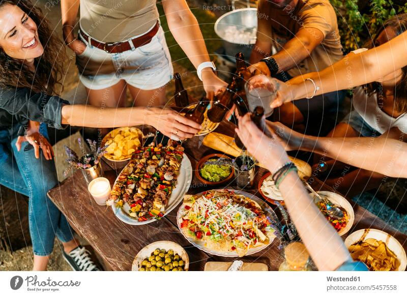 Happy friends toasting with beer bottles during an outdoor dinner mate Bottles Beer Bottles dish dishes Plates Tables wood wood table relax relaxing celebrate