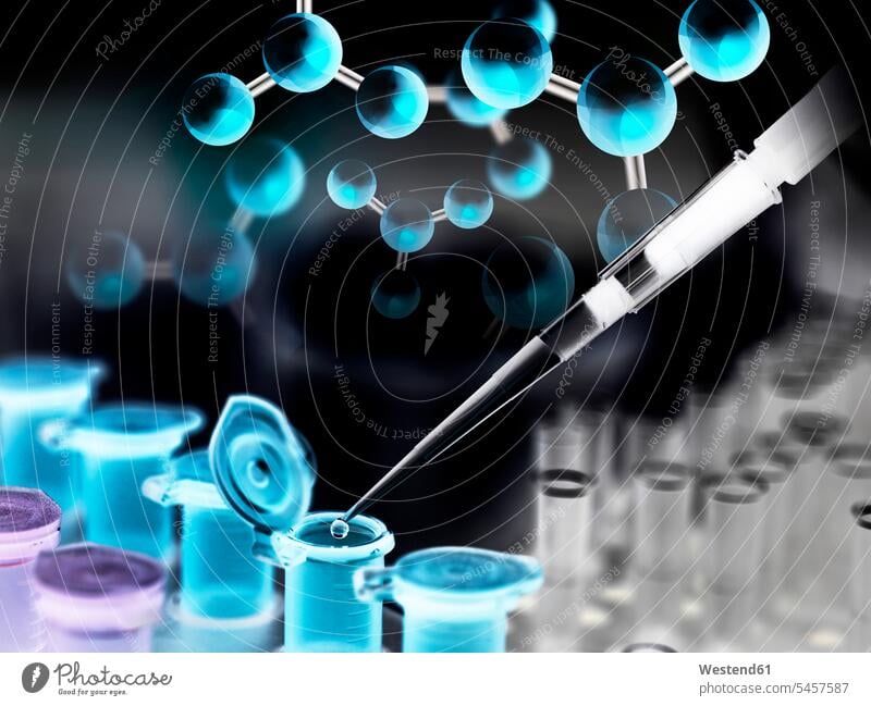 A chemical sample being pipetted into a eppendorf tube with a chemical compound in the background vessel vessels test testing science sciences scientific