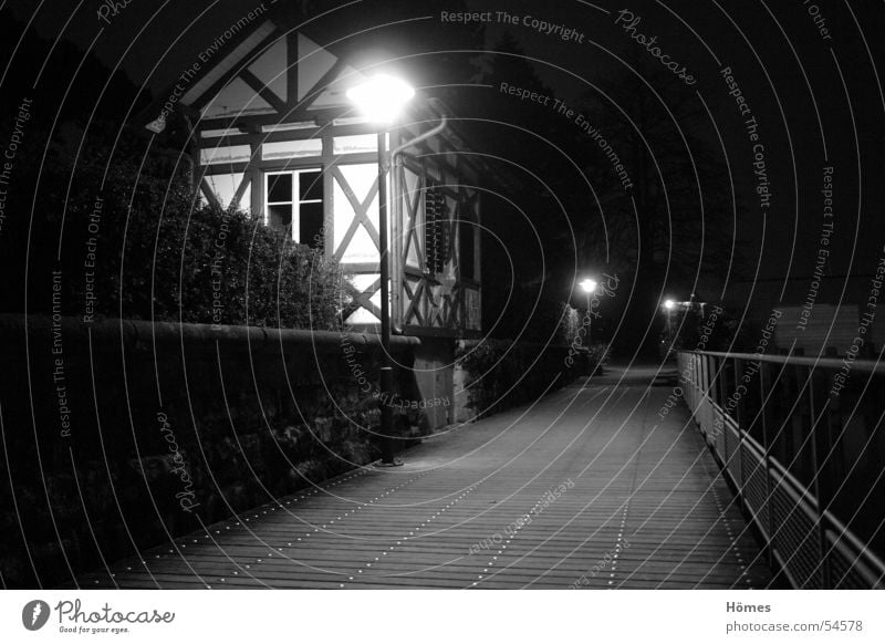 timber-framed house Night Lantern Half-timbered house Dark Calm Hedge Wall (barrier) Lanes & trails Black & white photo Coast