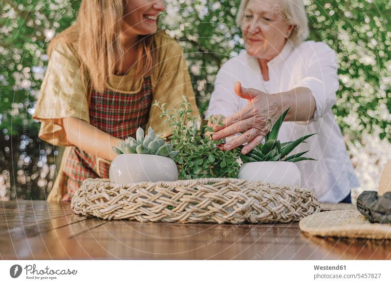 Mother with daughter planting on table in yard color image colour image Spain leisure activity leisure activities free time leisure time casual clothing