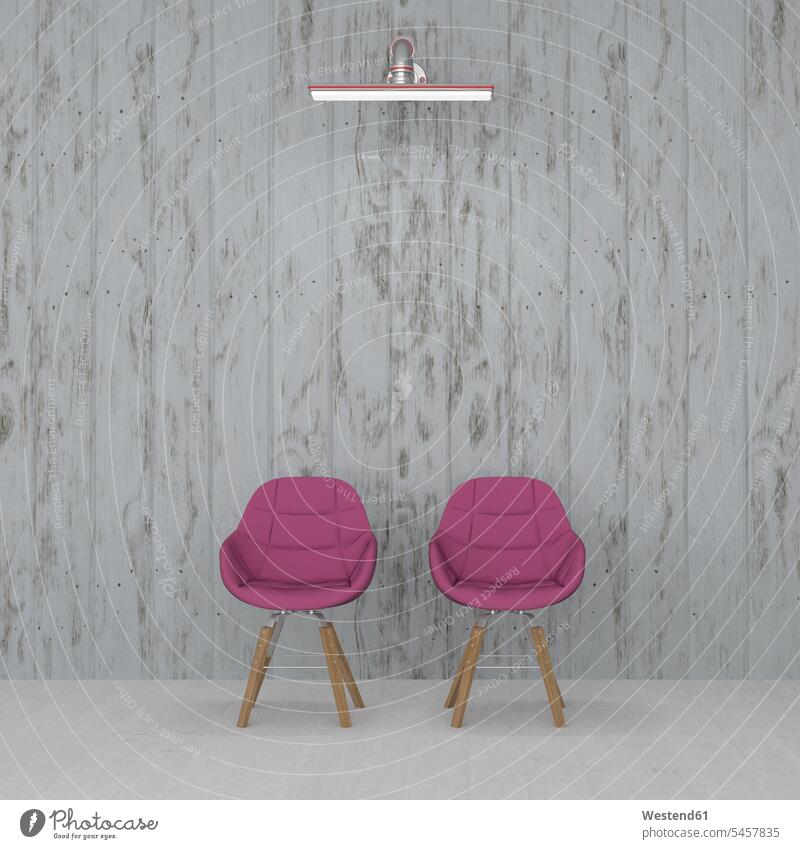 3D rendering, Two chairs in front on wall, lit by wall lamp lamps simplicity Modest simple wooden wall wooden walls illuminated lighted Illuminating two objects