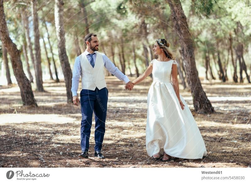 Happy bridal couple walking hand in hand in pine forest Pine Forest happiness happy going bridal couples married couple married couples marriage people persons
