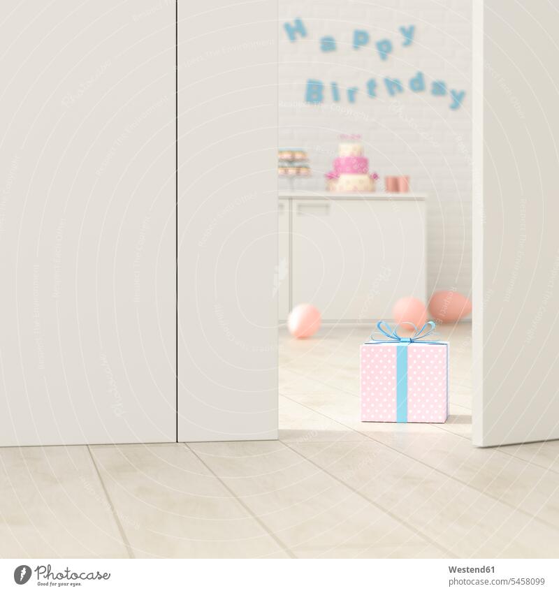 Birthday room behind ajar door, 3d rendering Furniture Furnitures furnishing Furnishings lifestyle life styles domestic life domestic scene at home Privacy