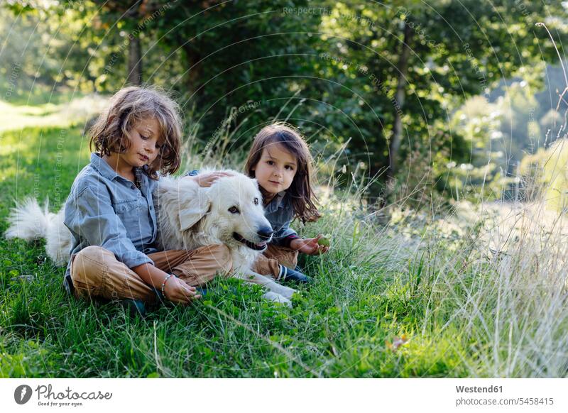 Two kids relaxing with dog on a meadow human human being human beings humans person persons caucasian appearance caucasian ethnicity european 2 2 people