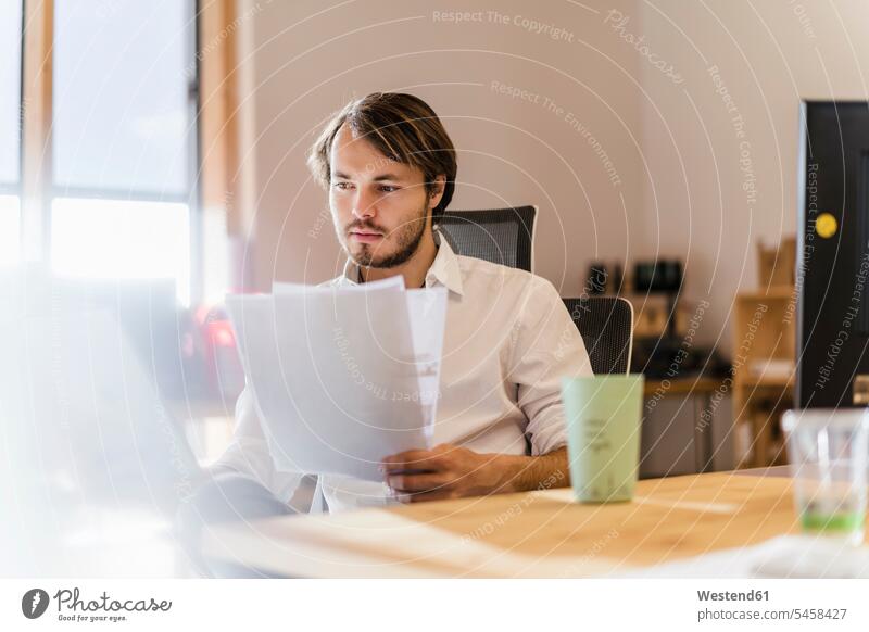 Businessman reading document at desk in office Occupation Work job jobs profession professional occupation business life business world business person