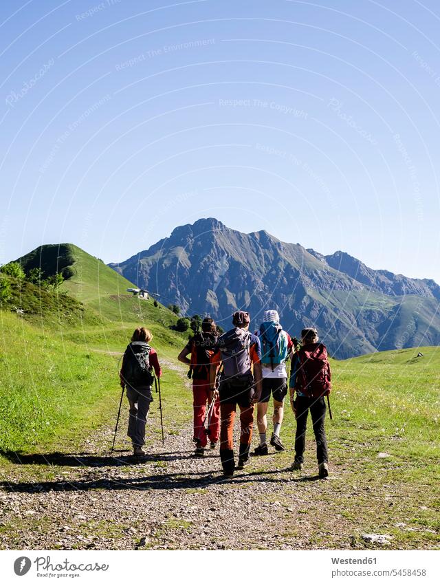 Group of hikers walking in the mountains, Orobie Mountains, Lecco, Italy friends mate touristic tourists back-pack back-packs backpacks rucksack rucksacks go