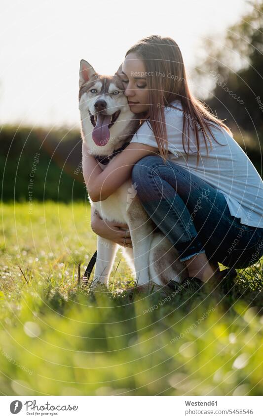 Young woman hugging her dog on a meadow animals creature creatures domestic animal pet Canine dogs T- Shirt t-shirts tee-shirt embrace Embracement