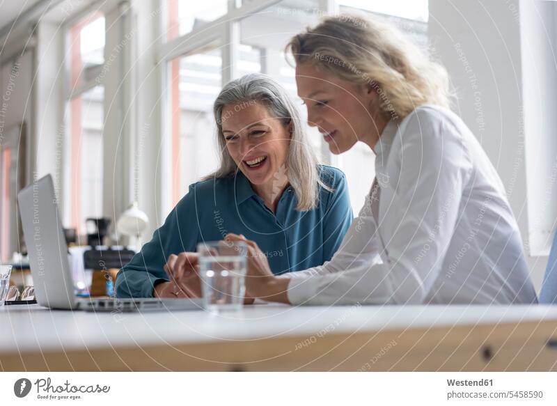 Two happy businesswomen using laptop at desk in office together generation difference in age Occupation Work job jobs profession professional occupation