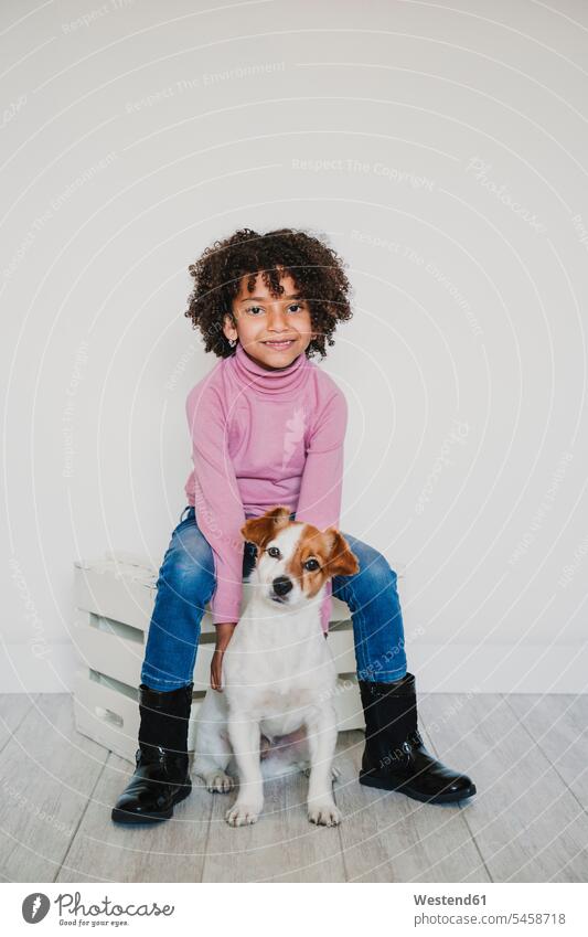 Portrait of smiling little girl and her dog human human being human beings humans person persons 1 one person only only one person children kid kids female