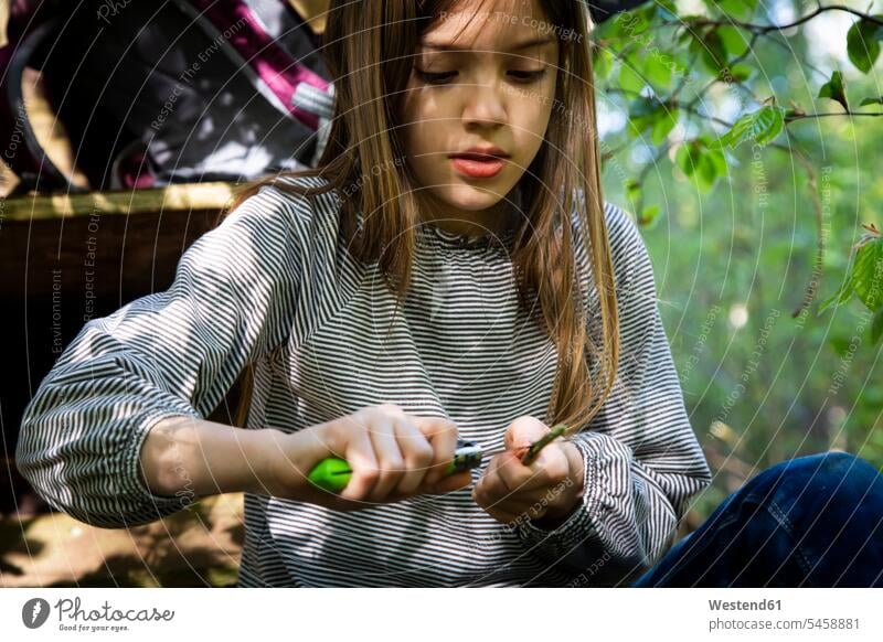Girl carving a piece of wood sitting on raised hide in the woods human human being human beings humans person persons caucasian appearance caucasian ethnicity