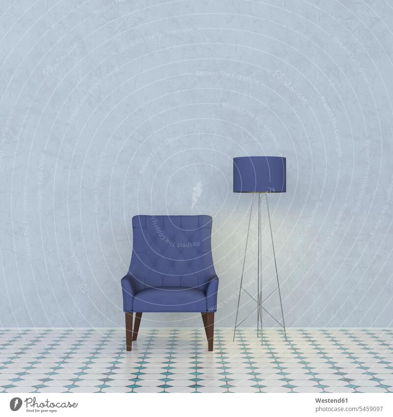 3D rendering, Blue armchair and floor lamp against marbled wall tile tiles illuminated lit lighted Illuminating furnishing Furnishings old-fashioned vintage