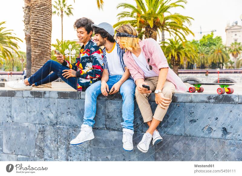 Three friends sitting on a wall looking at cell phone walls Smartphone iPhone Smartphones eyeing Seated mobile phone mobiles mobile phones Cellphone cell phones