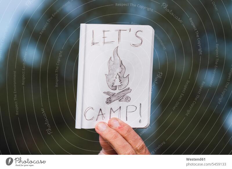 Hand in a forest holding 'Let's Camp' sign man men males camping signs hand human hand hands human hands woods forests Adults grown-ups grownups adult people