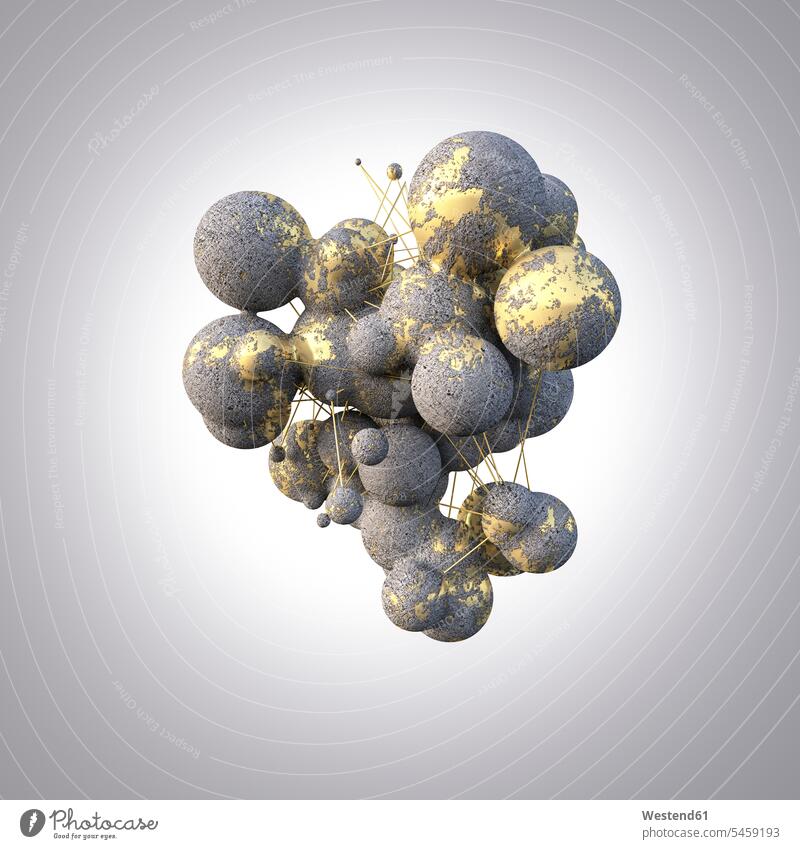 Rendering of concrete spheres with gold veins float floating hover shapes Ideas weightlessness developing Developments illustrations cgi