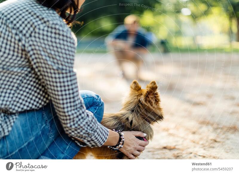 Young woman with dog in a park opposite to a man animals creature creatures domestic animal pet Canine dogs relax relaxing free time leisure time Lifestyle