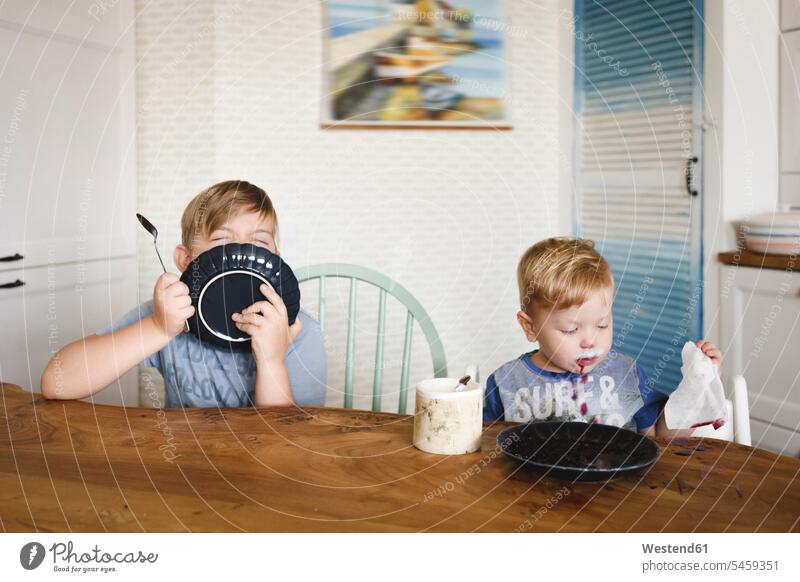 Two brothers with plates sitting at table at home human human being human beings humans person persons caucasian appearance caucasian ethnicity european 2