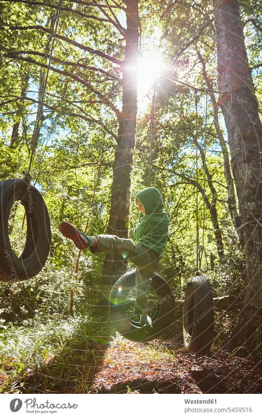 Boy balancing on tyres at an adventure park in forest woods forests balance high rope course high ropes course tire tires boy boys males Balance Equilibrium