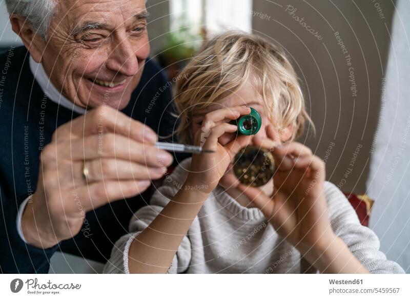 Watchmaker and his grandson examining watch together human human being human beings humans person persons caucasian appearance caucasian ethnicity european 2