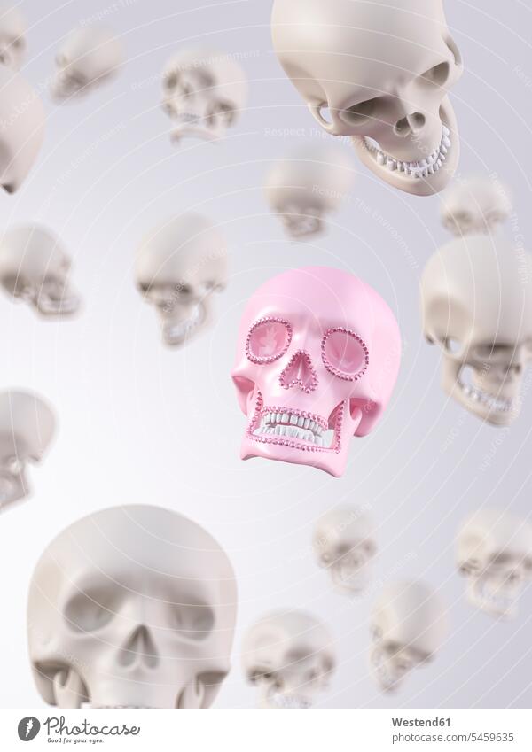 Rendering of pink skull amidst white skulls fall tumble tumbling colour colours magenta Rosy light shapes 3-d three dimensional Three-Dimensional