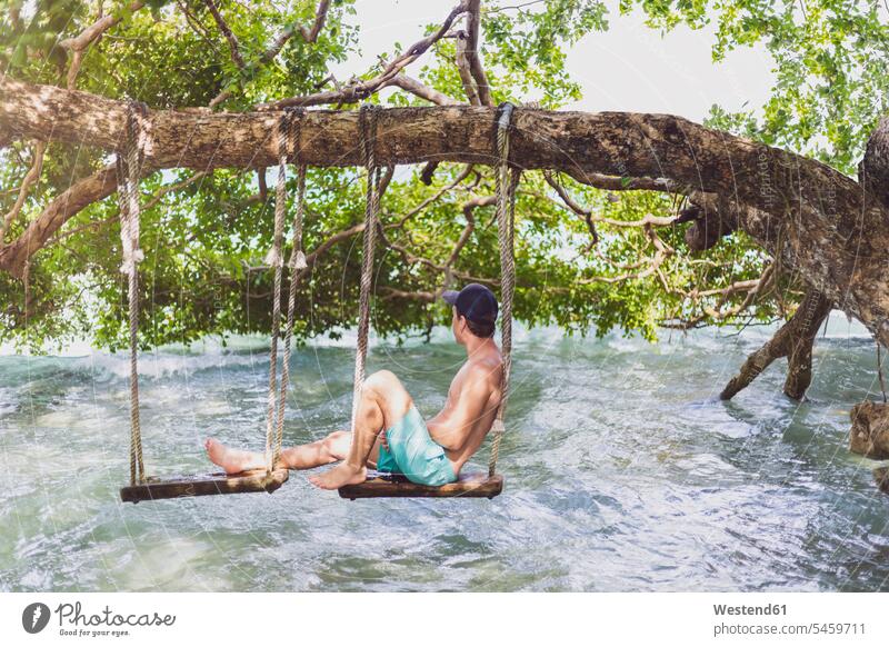 Mexiko, Yucatan, Quintana Roo, lagoon of Bacalar, man sitting on tree swing above the water swing set playground swing swingset men males Tree Trees Seated